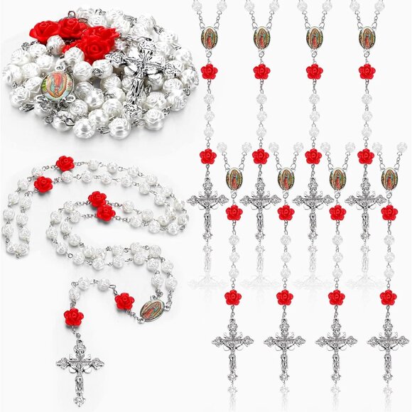 Our Lady of Guadalupe Rosary Beads Set 12 White Pearly Catholic Necklace for Wom